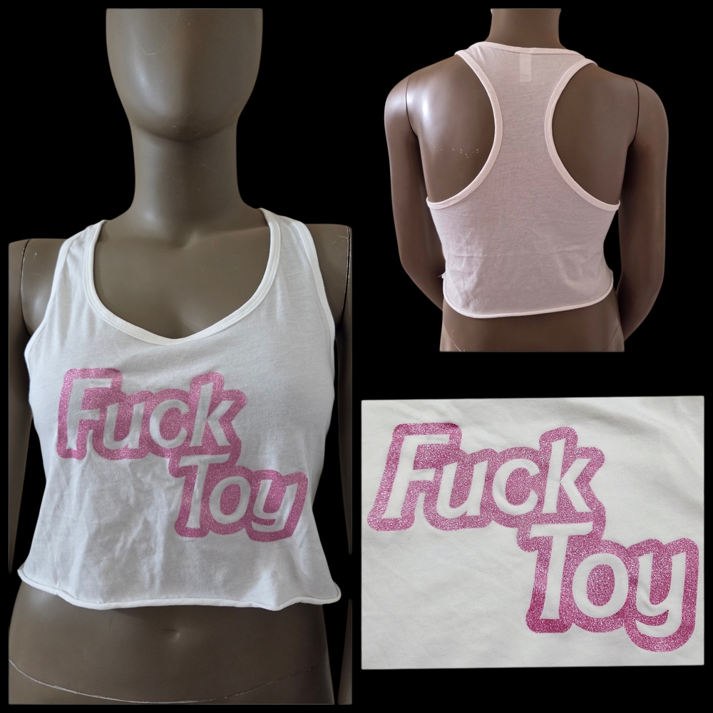 IDEAL By NEXT LEVEL F*ck Toy Racerback Crop Top XXL White Pink Glitter NEW